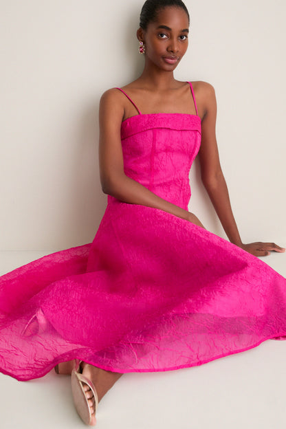 Raspberry Rose Shibori Organza Long Asymmetric Dress