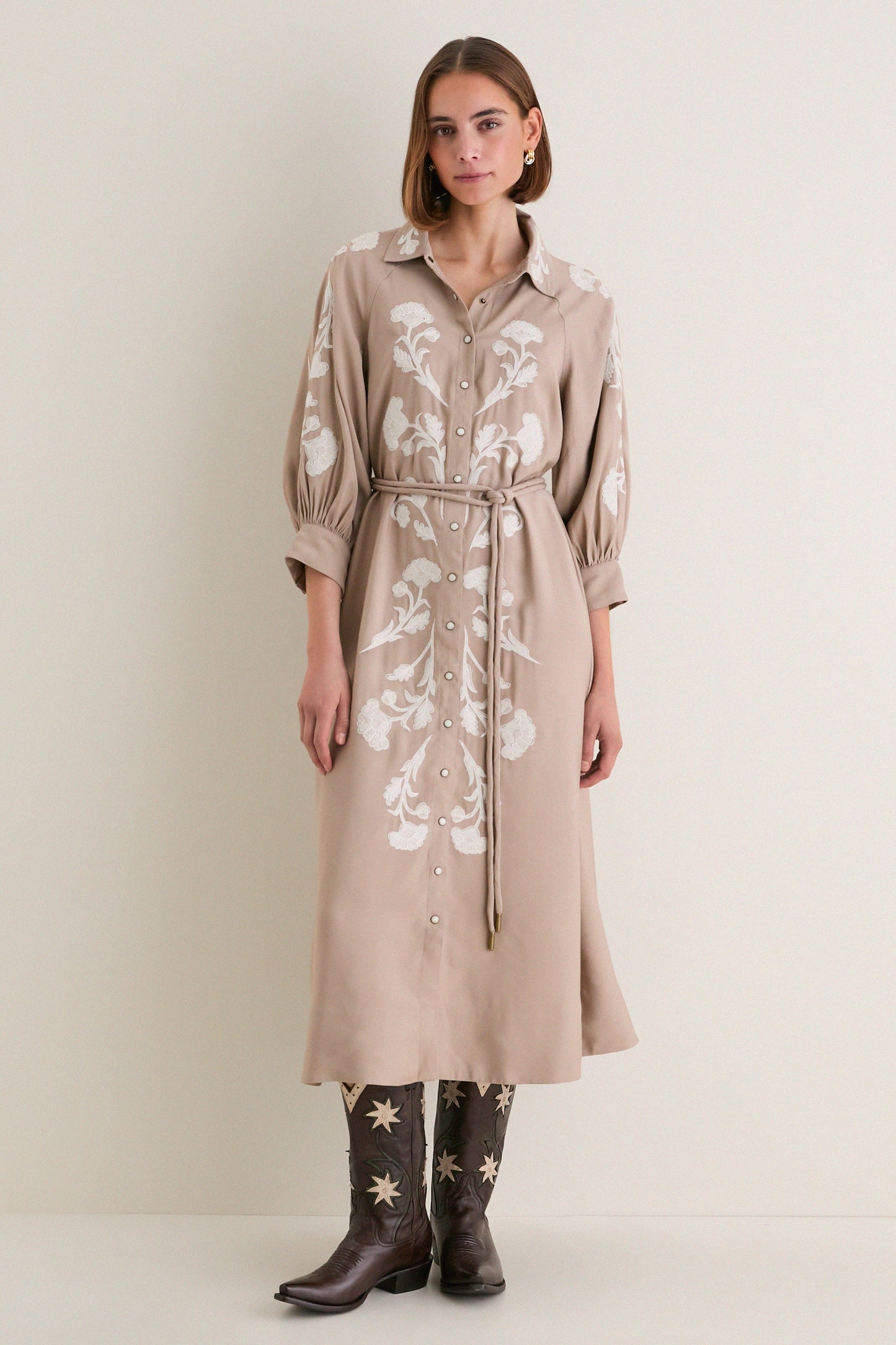 Soft Tan Western Embroidered Herd Dress