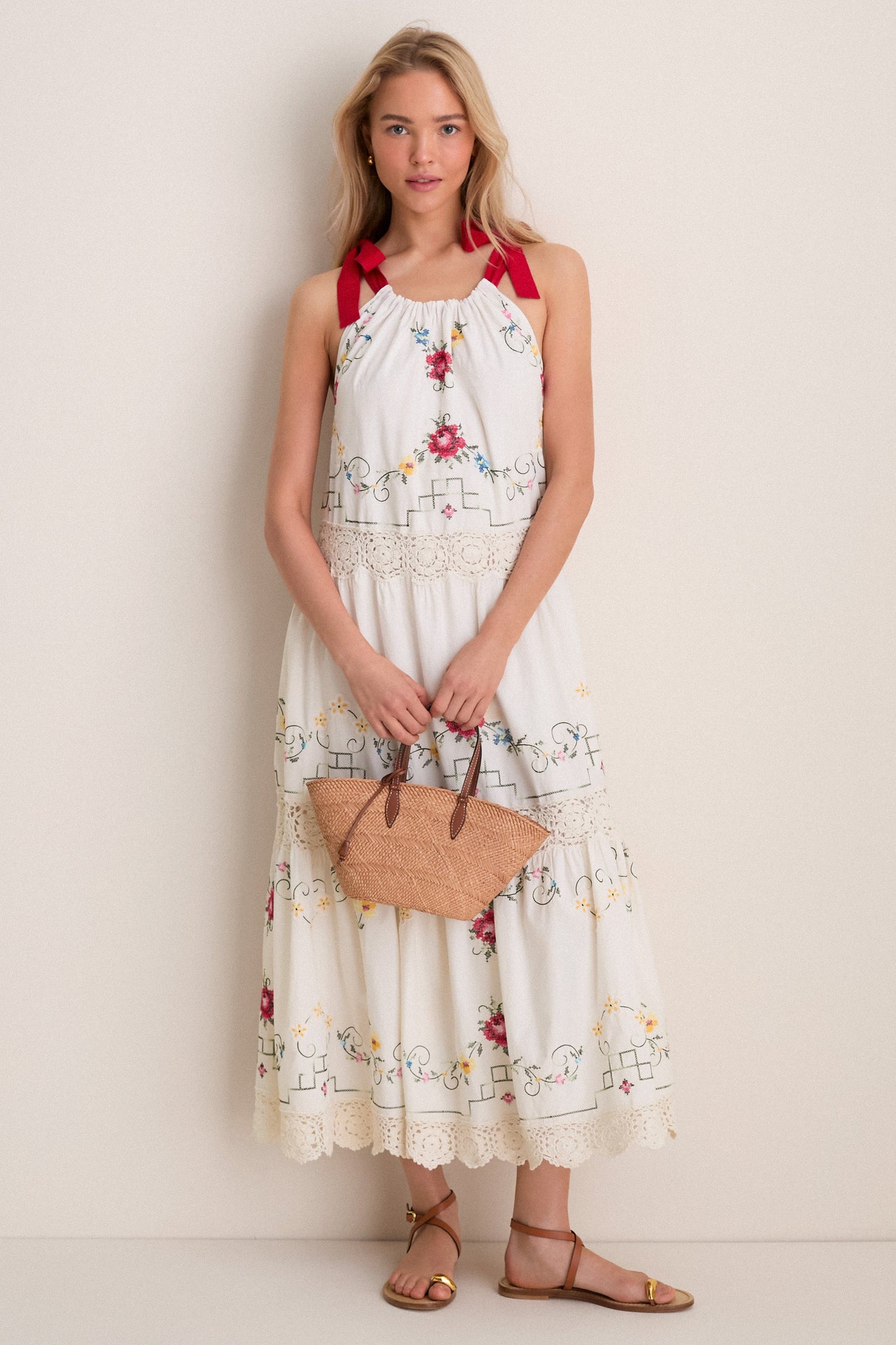 Tea Rose Embroidery Lina Midi Dress