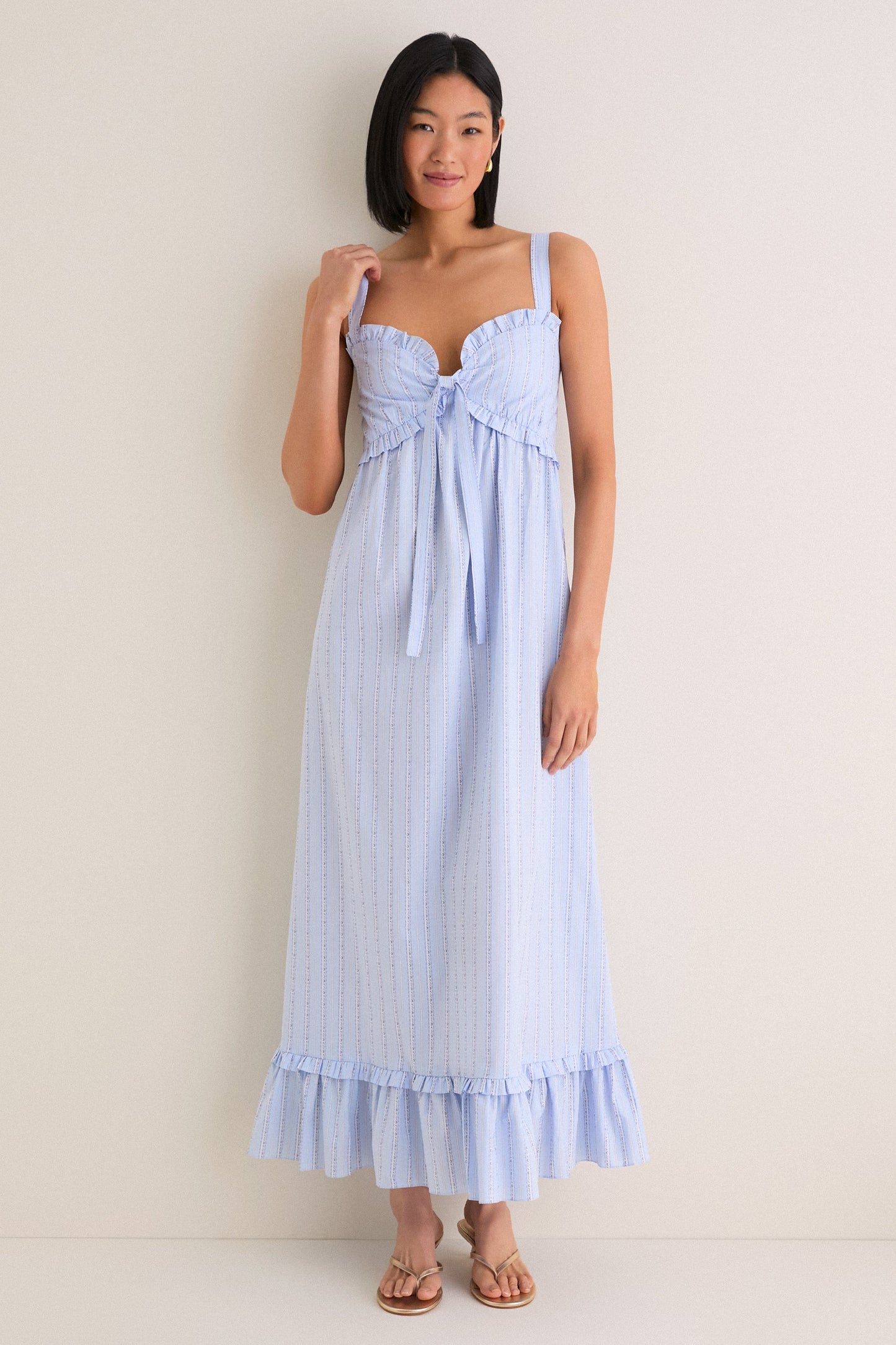 Sky Blue Striped Ruffle Maxi Dress