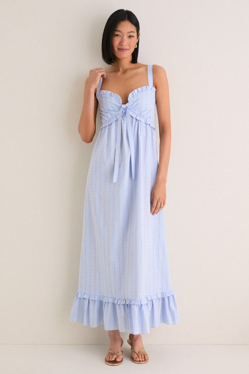 Sky Blue Striped Ruffle Maxi Dress