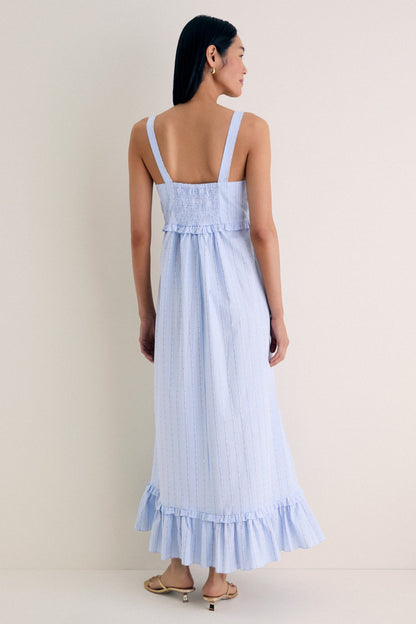 Sky Blue Striped Ruffle Maxi Dress