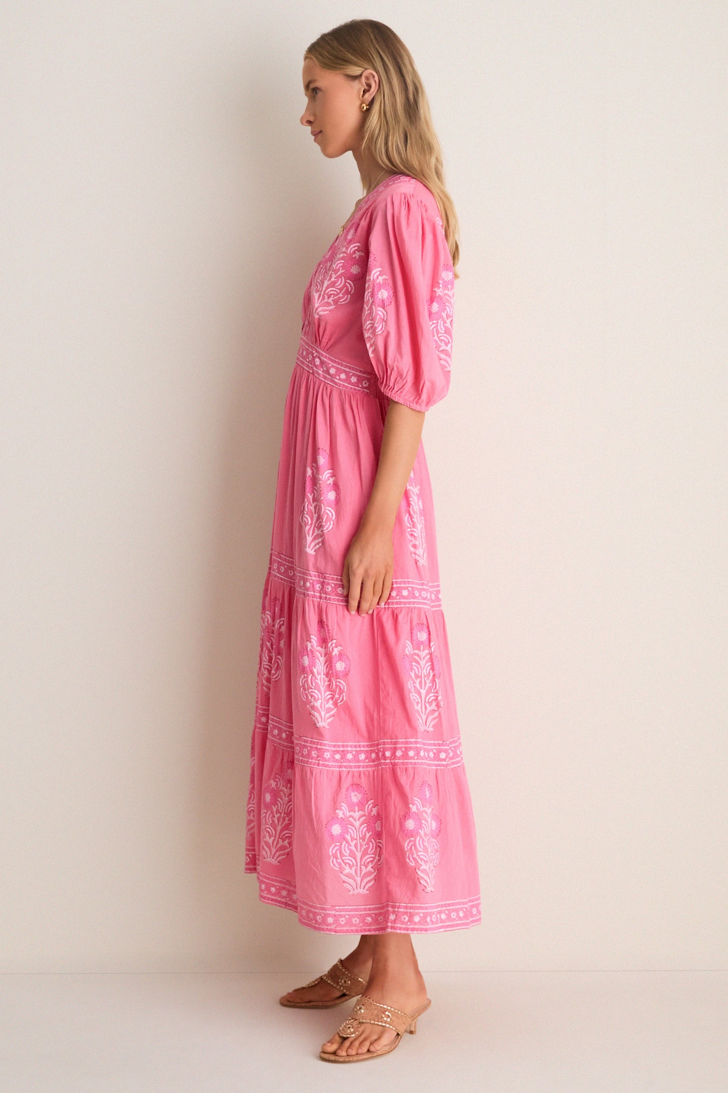 Raton Pink V-Neck Puffed Sleeve Maxi Dress