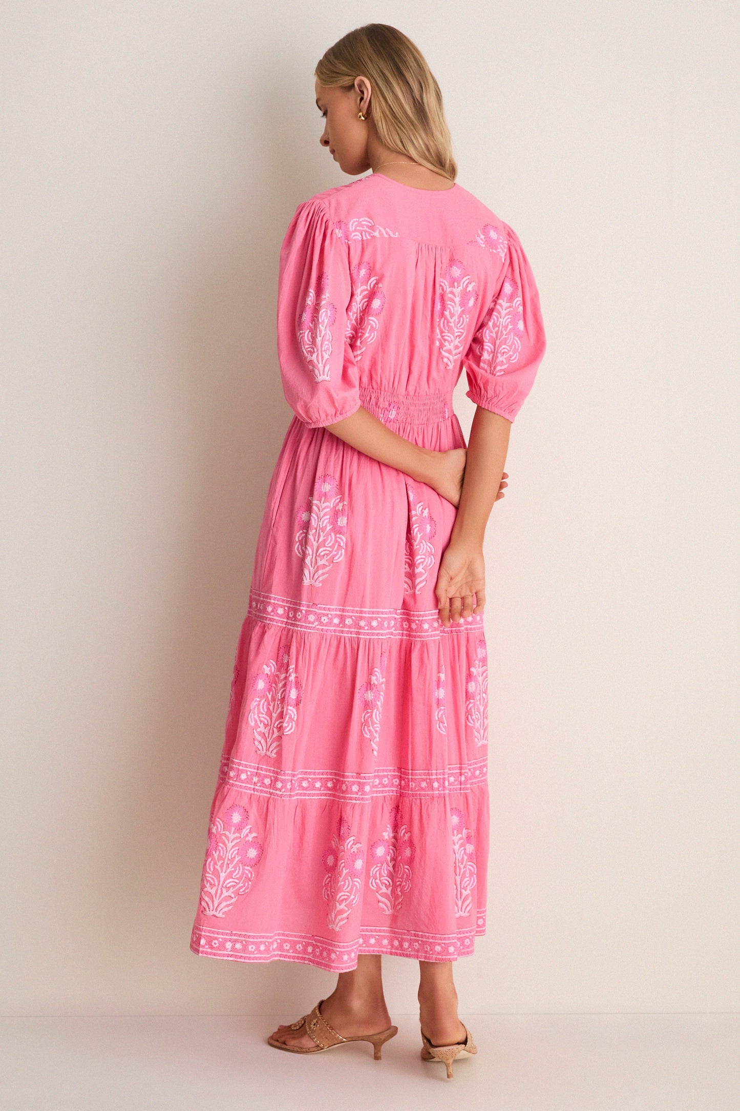 Raton Pink V-Neck Puffed Sleeve Maxi Dress