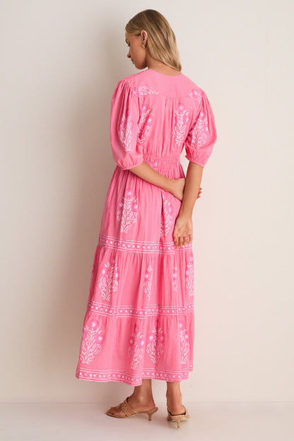 Raton Pink V-Neck Puffed Sleeve Maxi Dress
