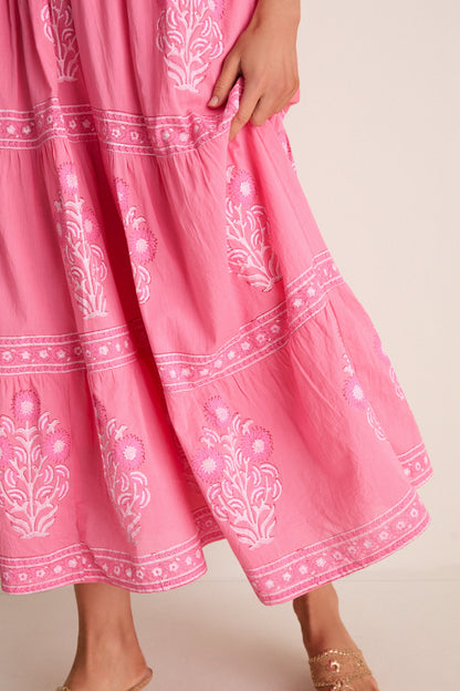 Raton Pink V-Neck Puffed Sleeve Maxi Dress