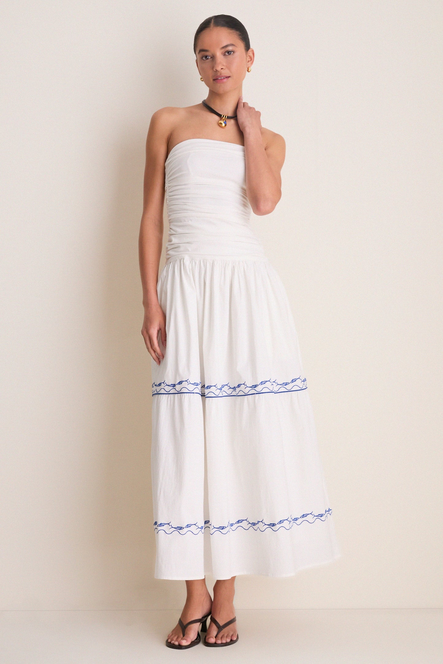 White and Blue Oia Midi Dress