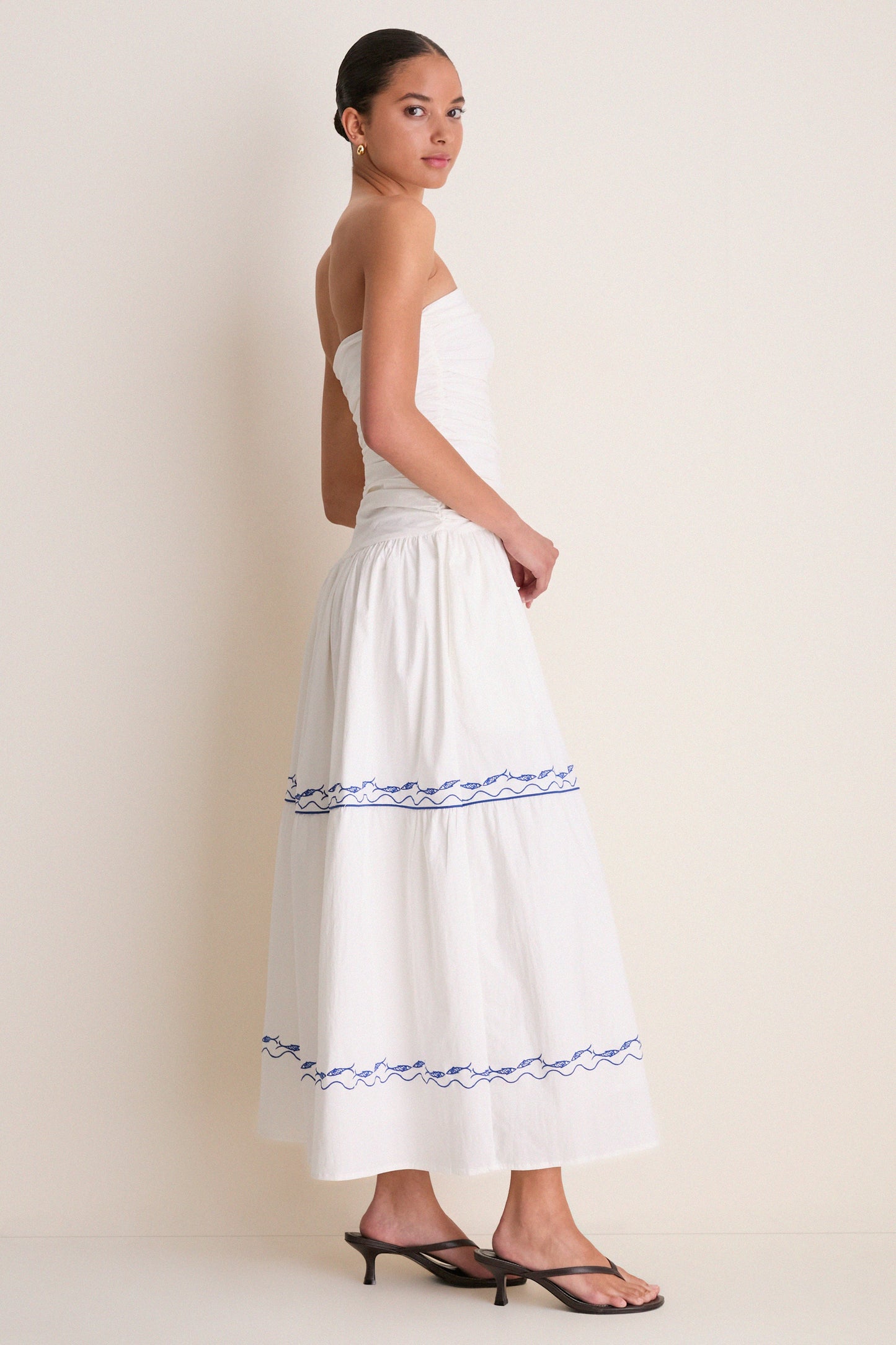 White and Blue Oia Midi Dress
