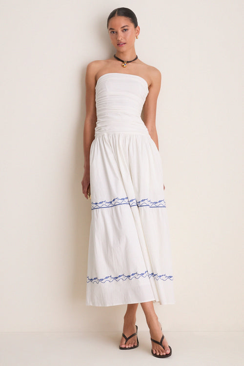White and Blue Oia Midi Dress