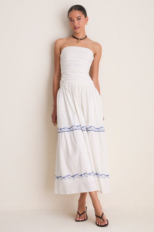 White and Blue Oia Midi Dress