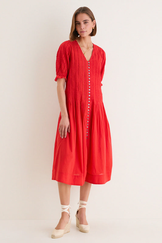 Red Alberte Solid Puff Sleeve Dress