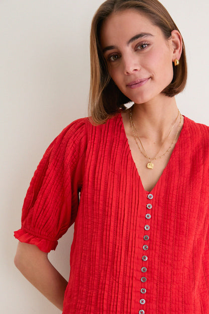 Red Alberte Solid Puff Sleeve Dress