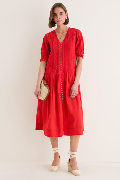 Red Alberte Solid Puff Sleeve Dress