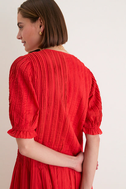 Red Alberte Solid Puff Sleeve Dress