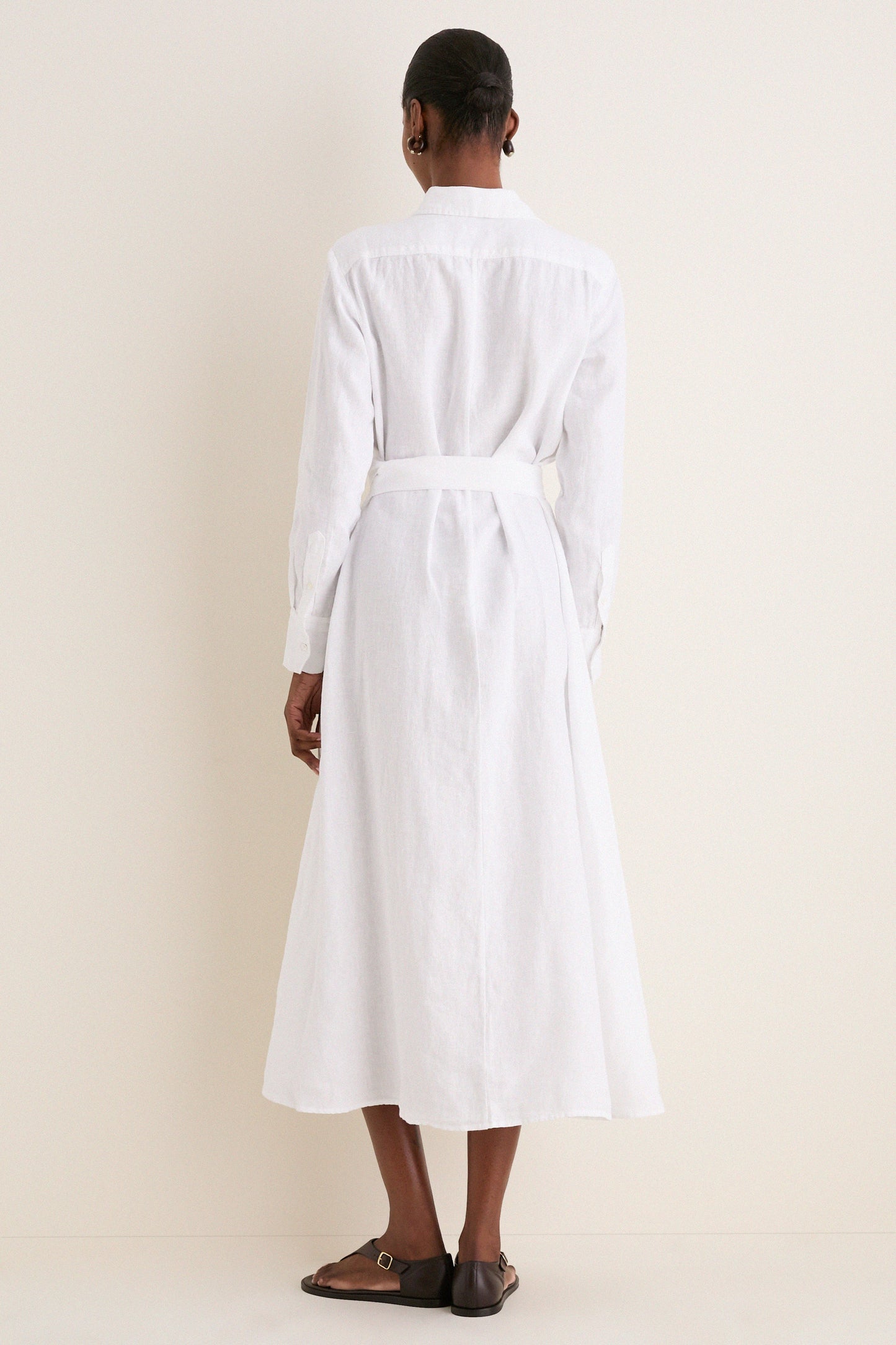 White Linen Woven Collared Long Sleeve Dress