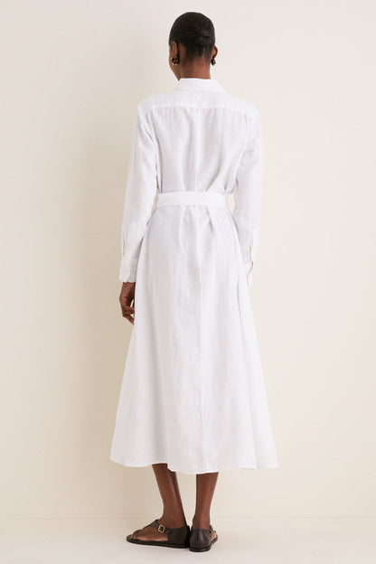 White Linen Woven Collared Long Sleeve Dress