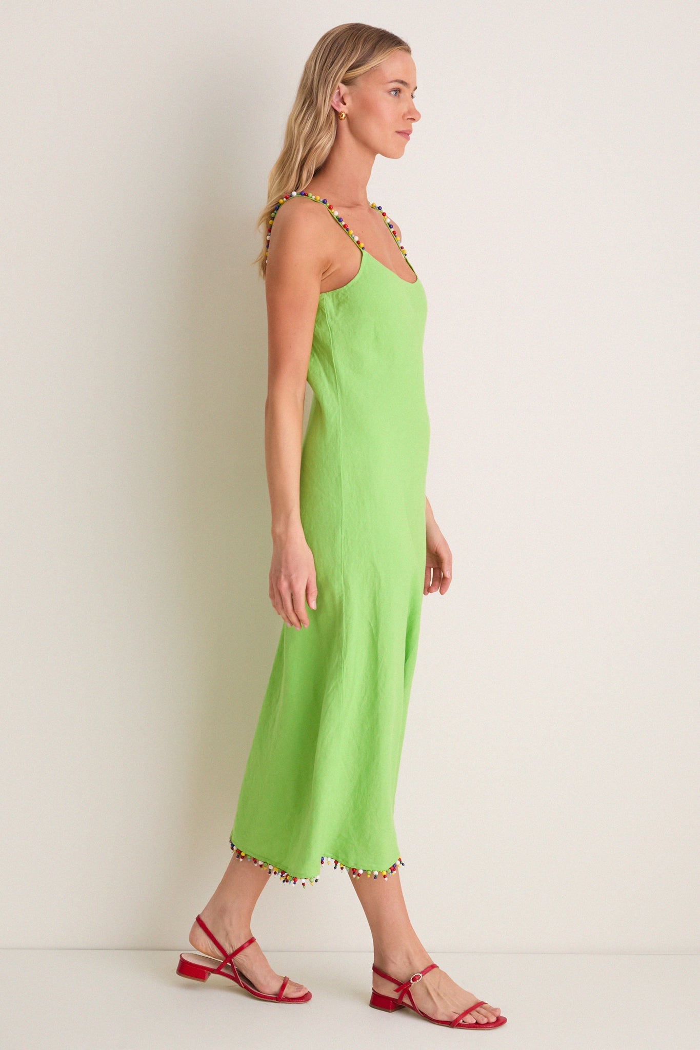 Riviera Green Linen Scoop Neck Beaded Dress