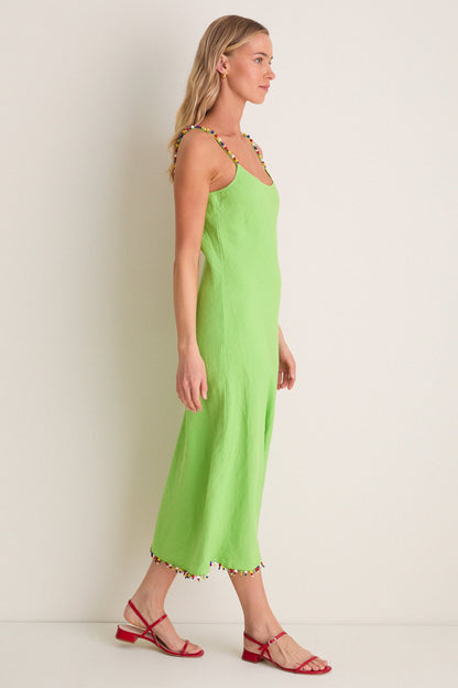 Riviera Green Linen Scoop Neck Beaded Dress