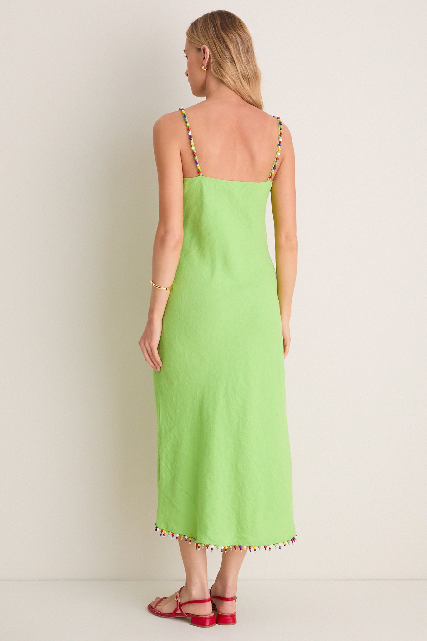 Riviera Green Linen Scoop Neck Beaded Dress