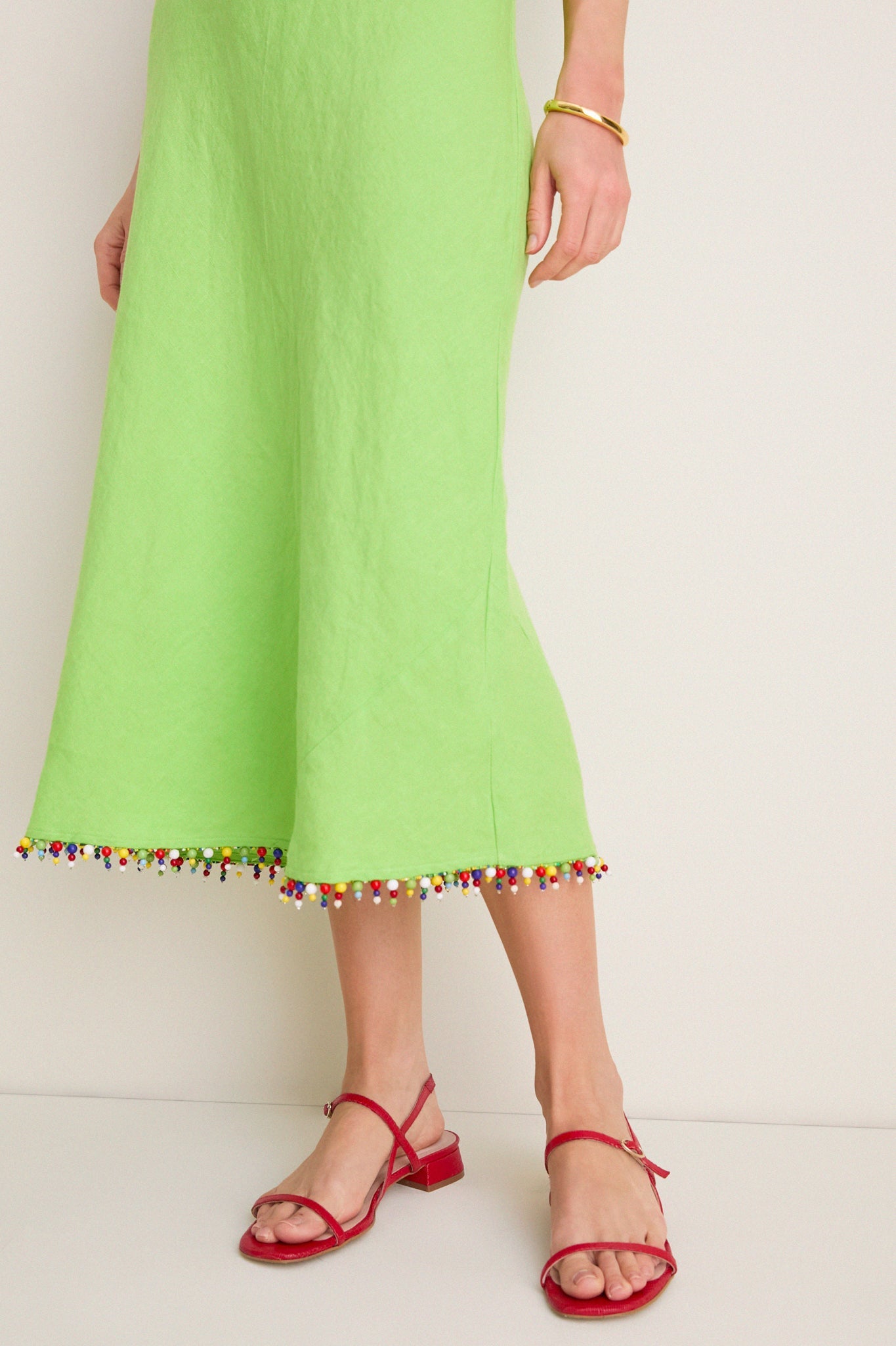 Riviera Green Linen Scoop Neck Beaded Dress