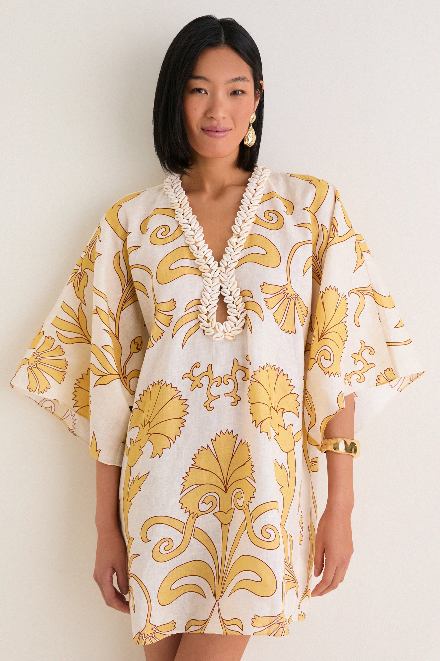 Yellow Flowers Andina Hand-Embroidered Linen Mini Tunic