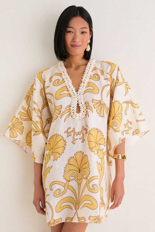 Yellow Flowers Andina Hand-Embroidered Linen Mini Tunic