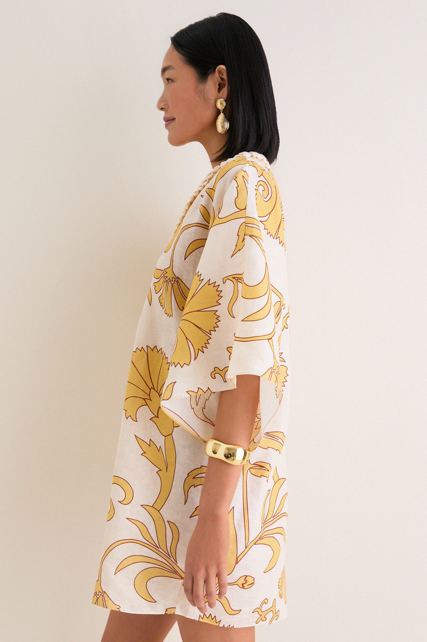 Yellow Flowers Andina Hand-Embroidered Linen Mini Tunic