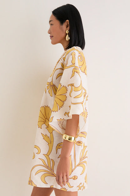 Yellow Flowers Andina Hand-Embroidered Linen Mini Tunic