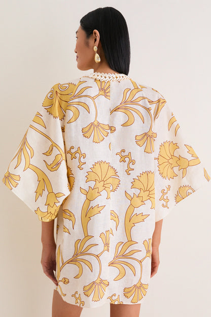 Yellow Flowers Andina Hand-Embroidered Linen Mini Tunic