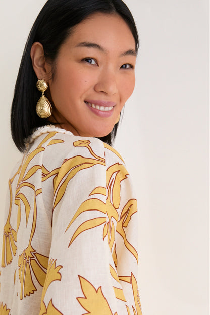 Yellow Flowers Andina Hand-Embroidered Linen Mini Tunic