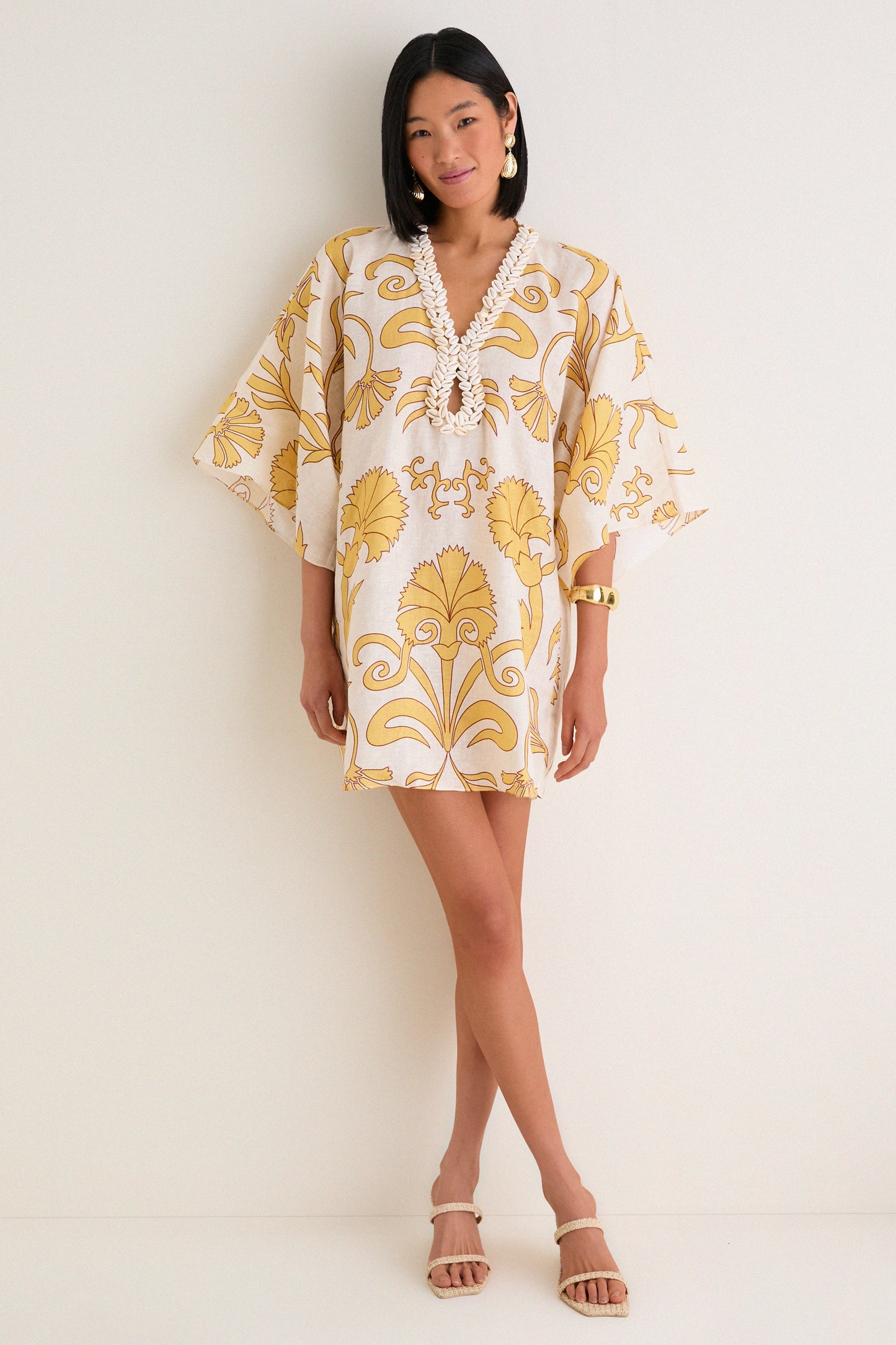 Yellow Flowers Andina Hand-Embroidered Linen Mini Tunic