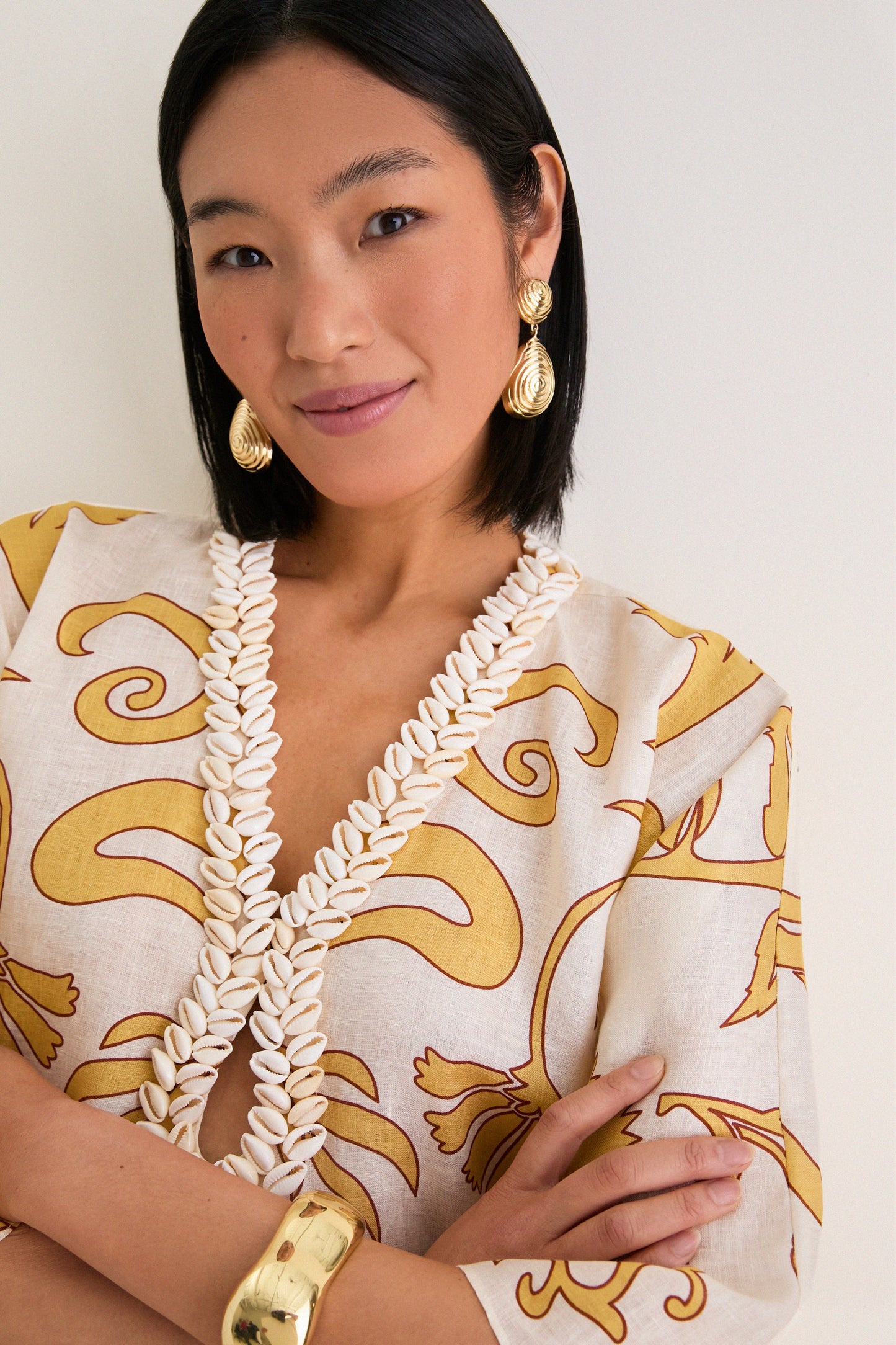 Yellow Flowers Andina Hand-Embroidered Linen Mini Tunic
