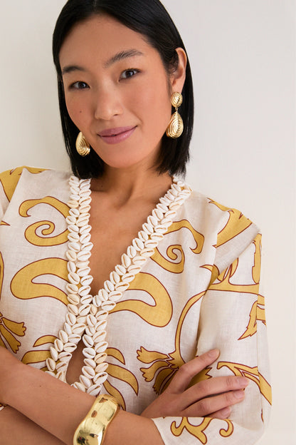 Yellow Flowers Andina Hand-Embroidered Linen Mini Tunic