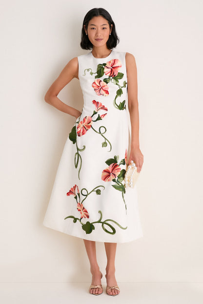 Snow Vine Print Cleo Applique Midi Dress