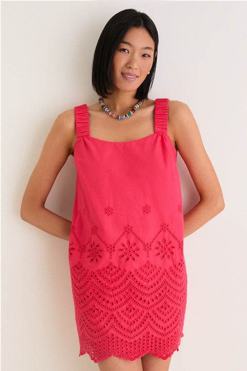 Red Kallie Linen Blend Embroidered Mini Dress
