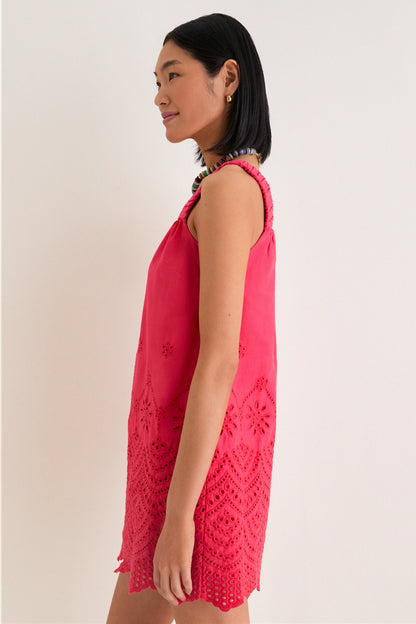 Red Kallie Linen Blend Embroidered Mini Dress