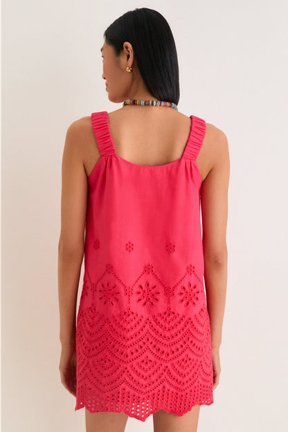 Red Kallie Linen Blend Embroidered Mini Dress