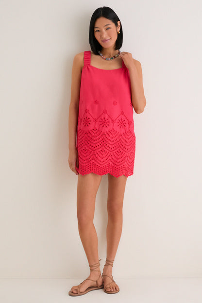 Red Kallie Linen Blend Embroidered Mini Dress