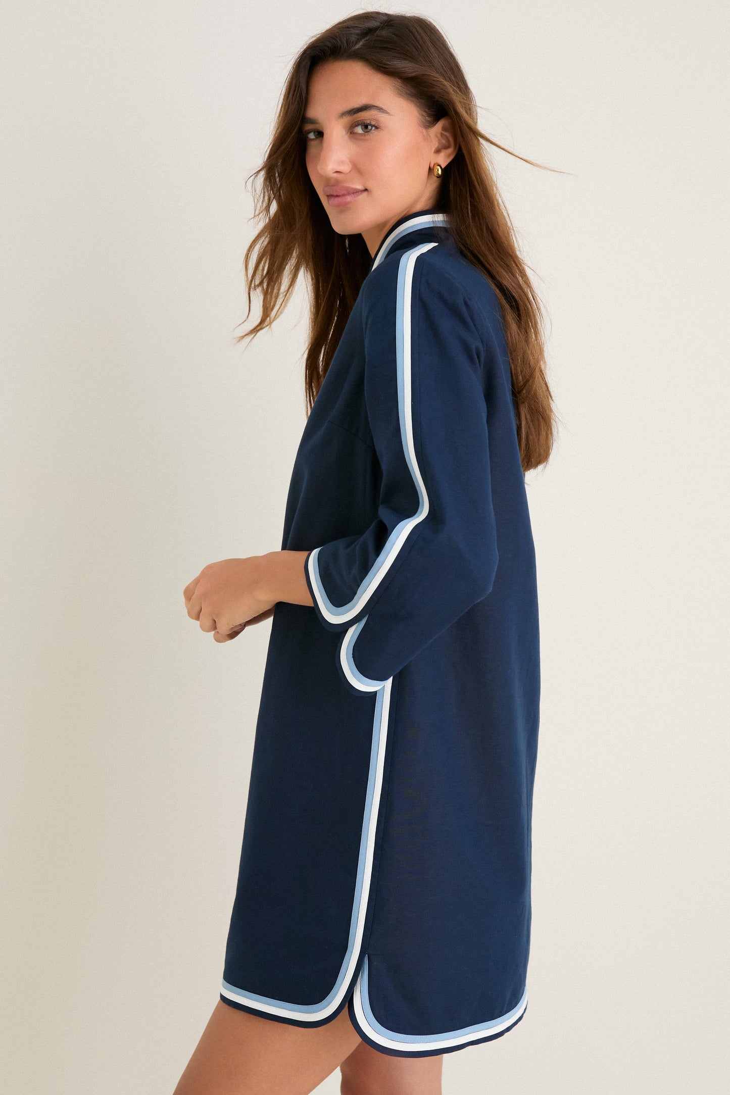 Navy Cotton Linen Contrast Trim Sabine Tunic Dress