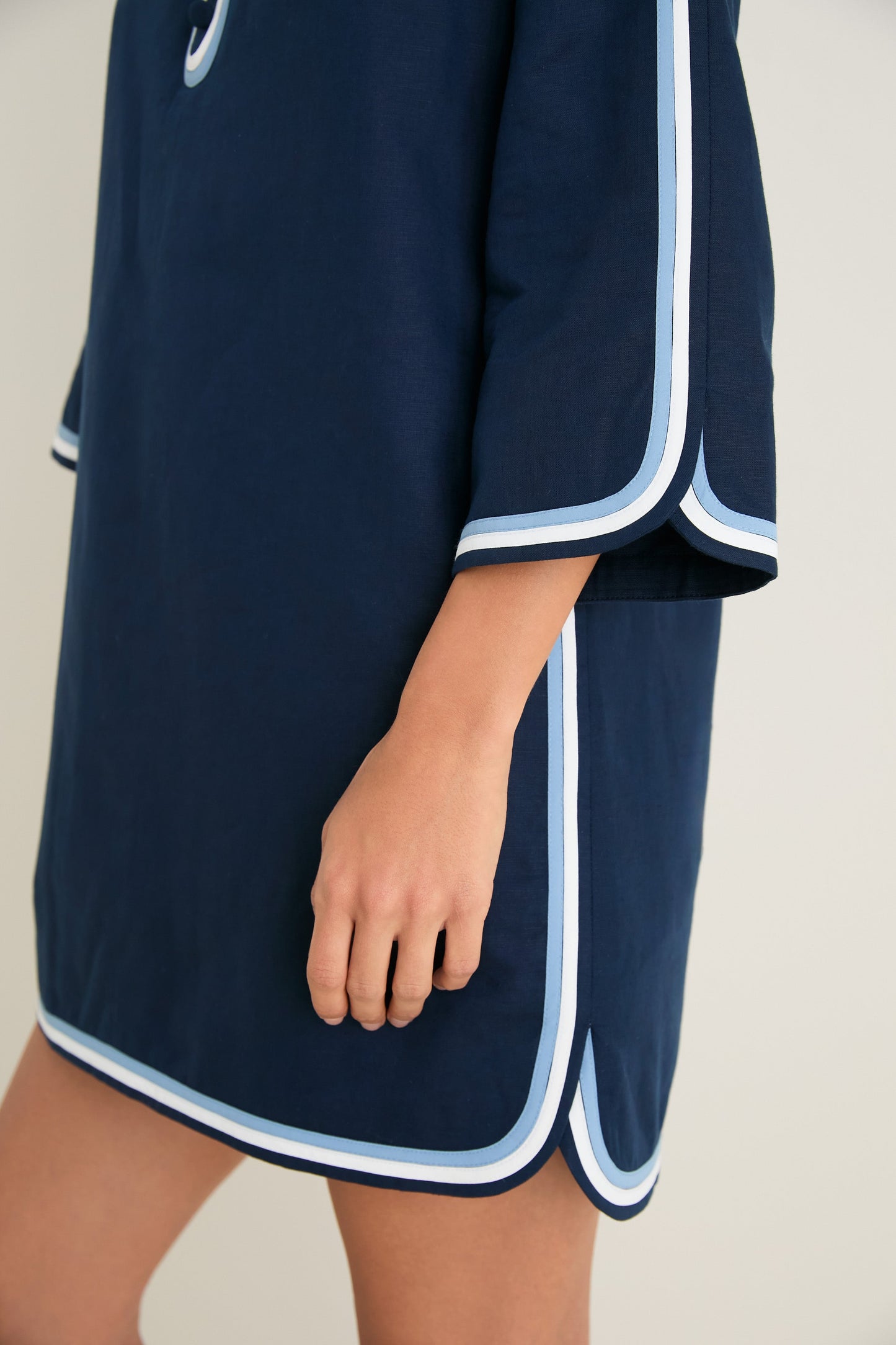 Navy Cotton Linen Contrast Trim Sabine Tunic Dress