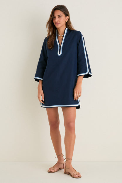 Navy Cotton Linen Contrast Trim Sabine Tunic Dress