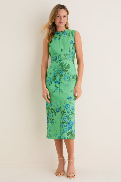 Rose Bouquet Sea Green Floral Print Linen Pencil Midi Dress