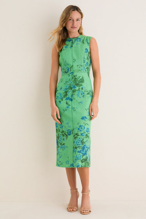Rose Bouquet Sea Green Floral Print Linen Pencil Midi Dress