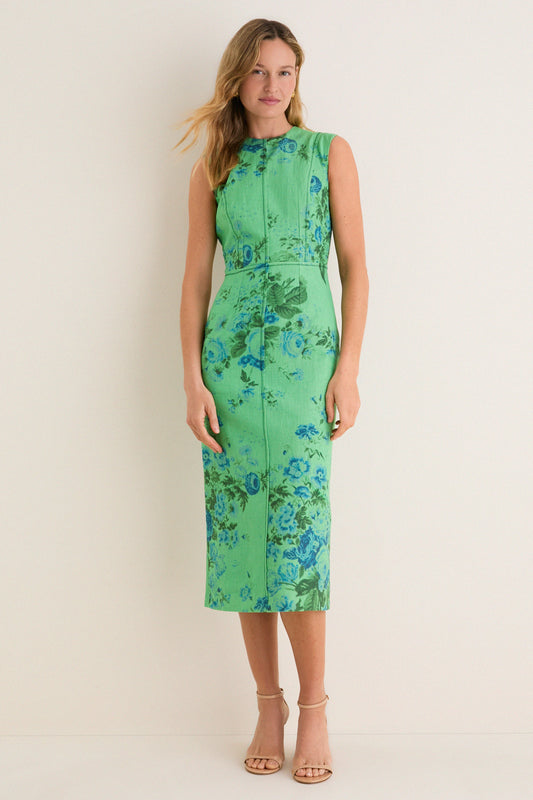 Rose Bouquet Sea Green Floral Print Linen Pencil Midi Dress