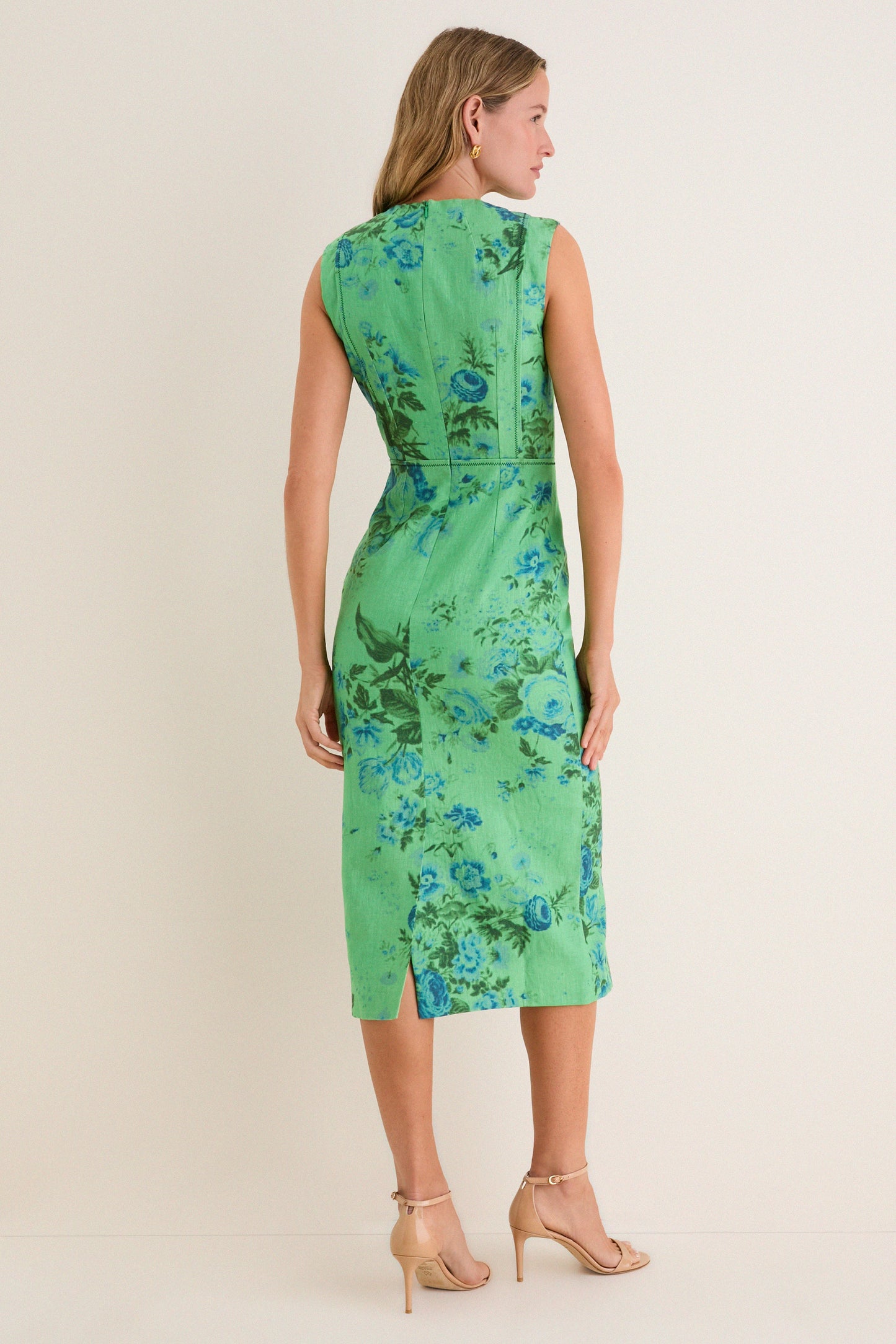 Rose Bouquet Sea Green Floral Print Linen Pencil Midi Dress