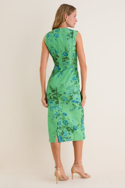 Rose Bouquet Sea Green Floral Print Linen Pencil Midi Dress