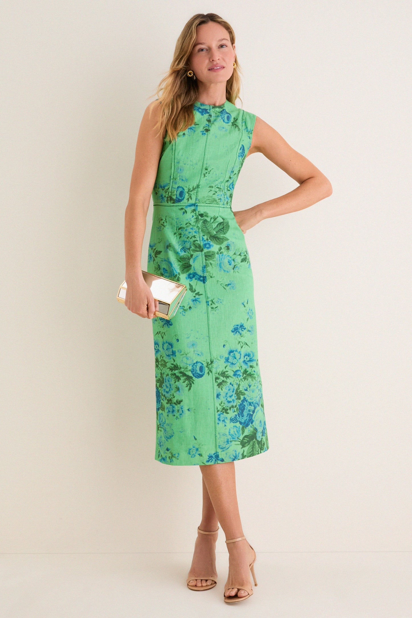 Rose Bouquet Sea Green Floral Print Linen Pencil Midi Dress