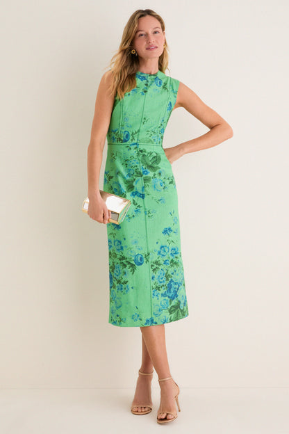 Rose Bouquet Sea Green Floral Print Linen Pencil Midi Dress
