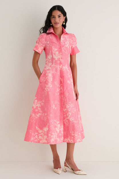 Rose Bouquet Blossom Pink Floral Print Linen Chine Midi Shirt Dress