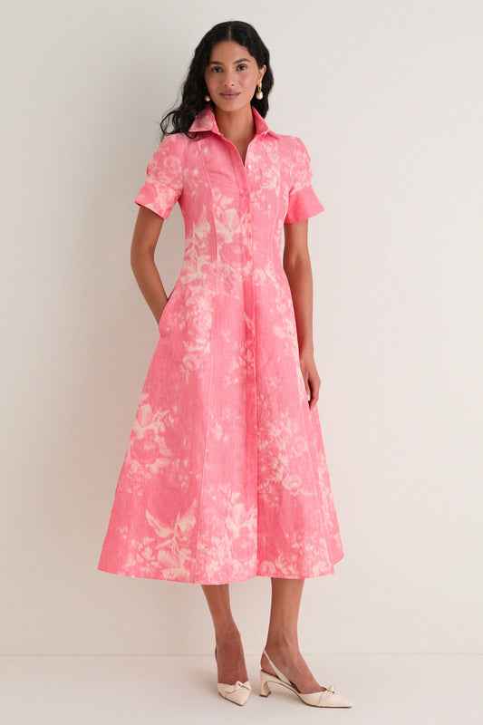 Rose Bouquet Blossom Pink Floral Print Linen Chine Midi Shirt Dress